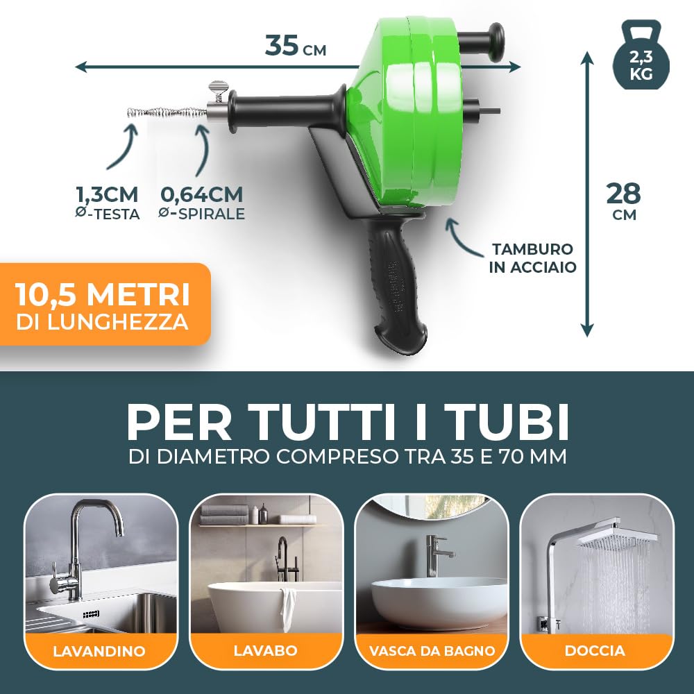 Meisterfaktur Spirale per la pulizia dei tubi [10,5 metri] – con tamburo in acciaio – Spirale di scarico ideale per una pulizia ecologica dei tubi – La spirale per tubi per veri fai da te (10,5 m)