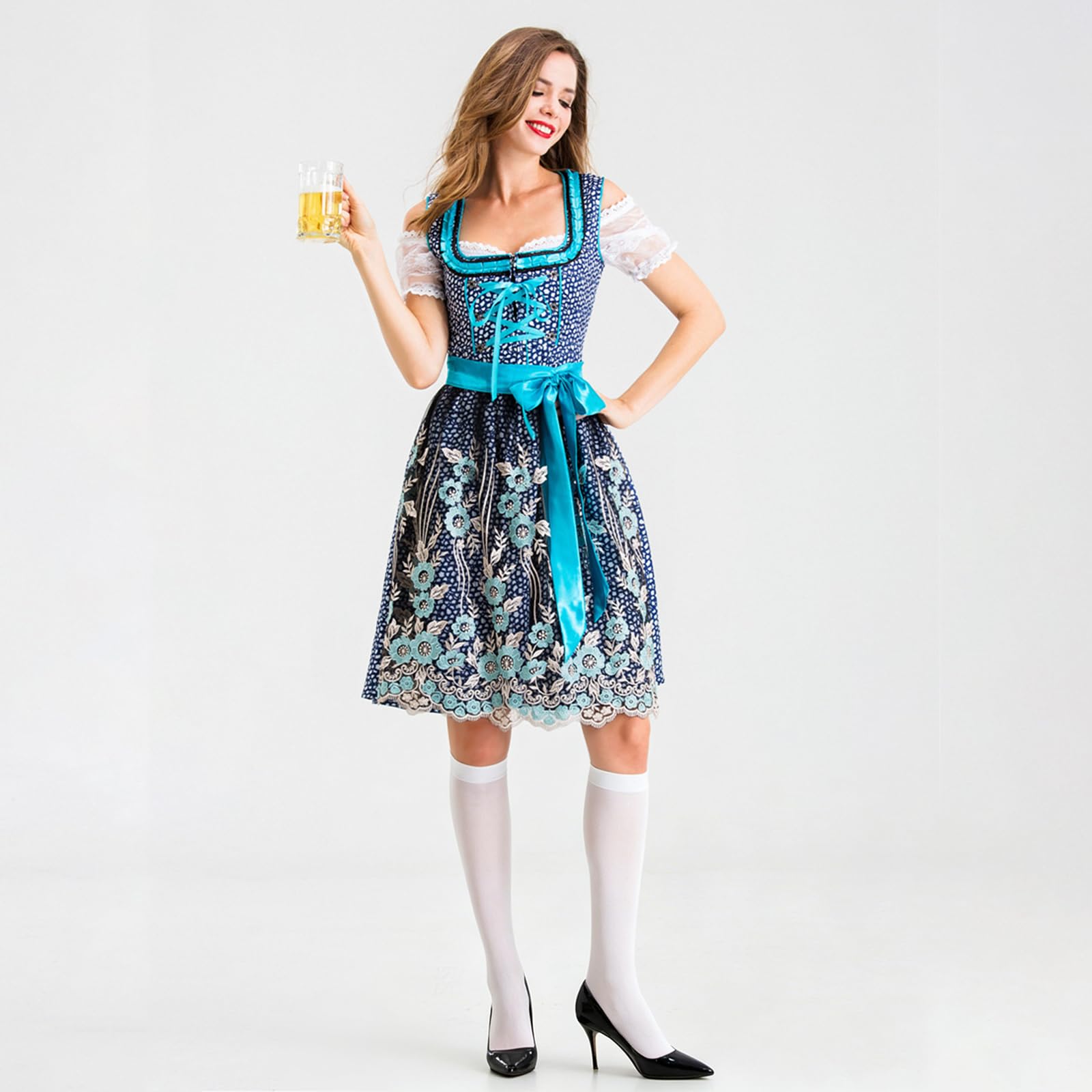 Generisch Dirndl Damen Midi Oktoberfest Damen Outfit Trachtenkleid Elegant | Dirndl-Komplettsets Frauen Mit Bluse Schürze Spitze Dirndlkleid Festlich Trachtenmode Kleider Party Schick Dirndelkleider