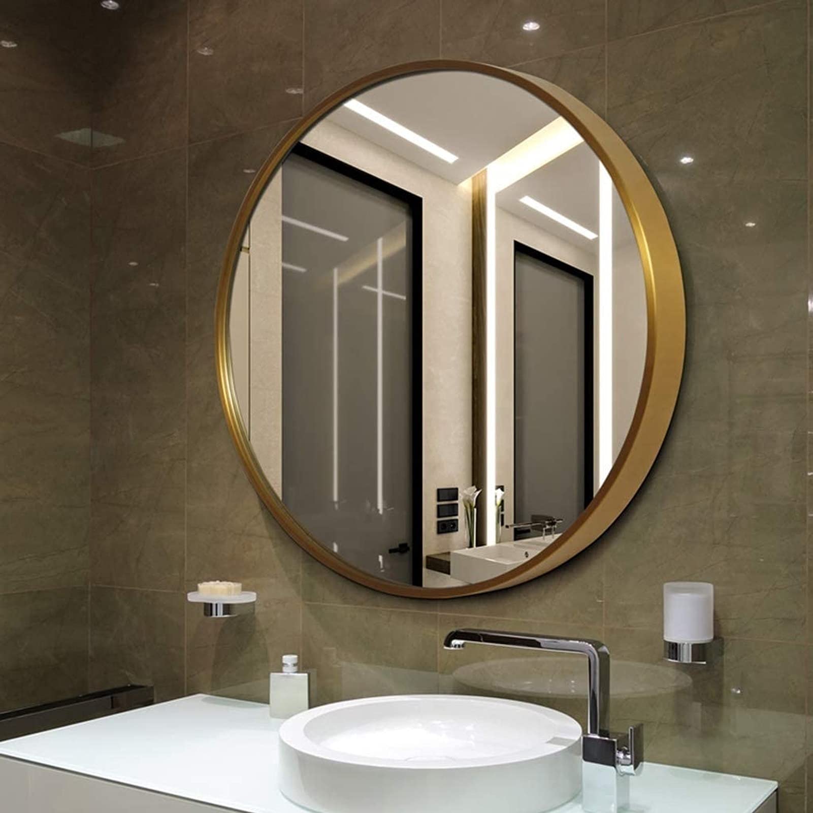 Duże okrągłe lustro ścienne do łazienki | Okrągłe lustro ścienne | Lustra dekoracyjne na ścianę | Lusterko do makijażu Vanity, przedpokój do salonu, sypialnia, złote (rozmiar: 40 cm)