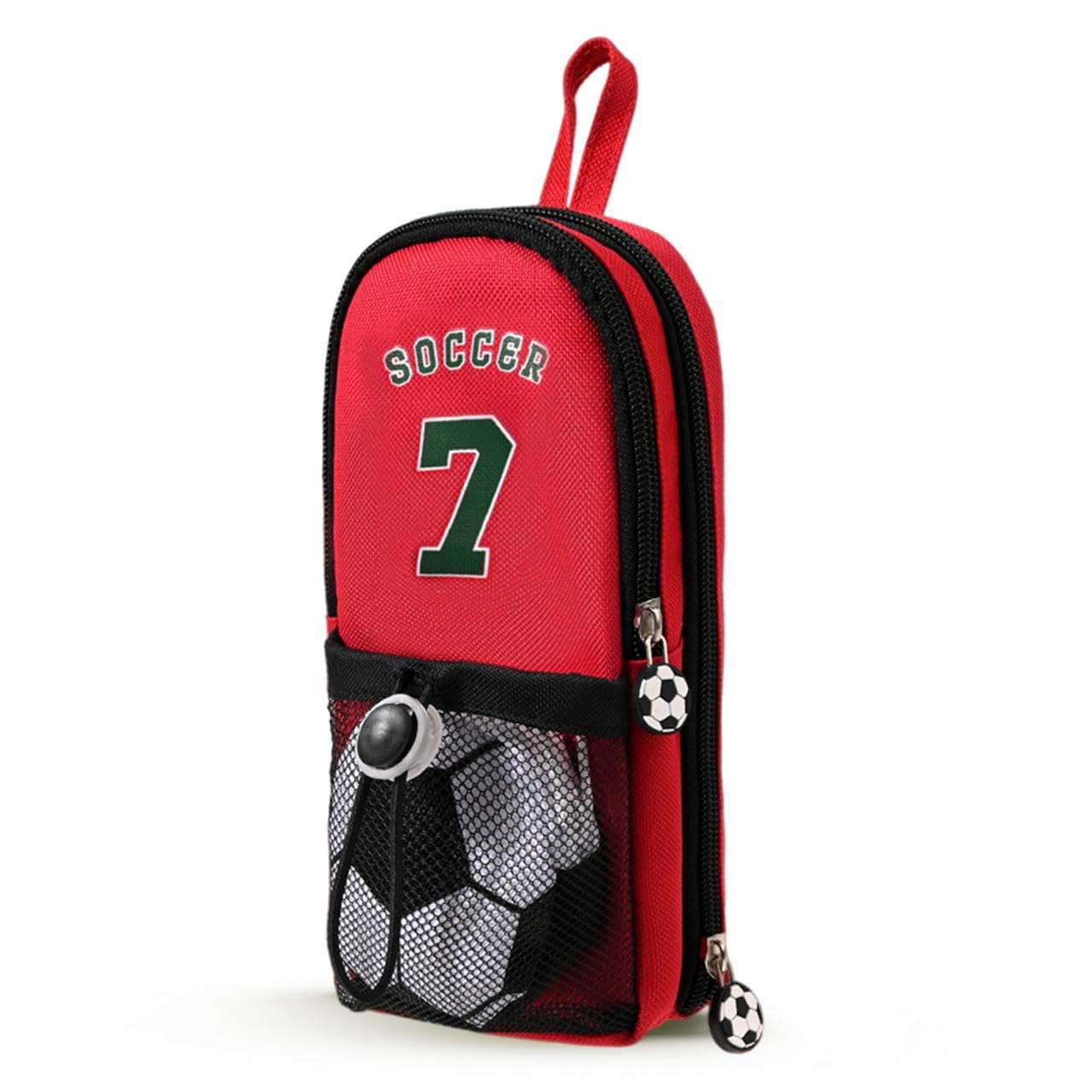 Polyester Large Capacity Pencil Pouch with 3 Zippers & 5 Compartments - Waterproof Standing Pencil Case with Metal Zipper + Football Charm & Coin Pouch (Soccer- Red)