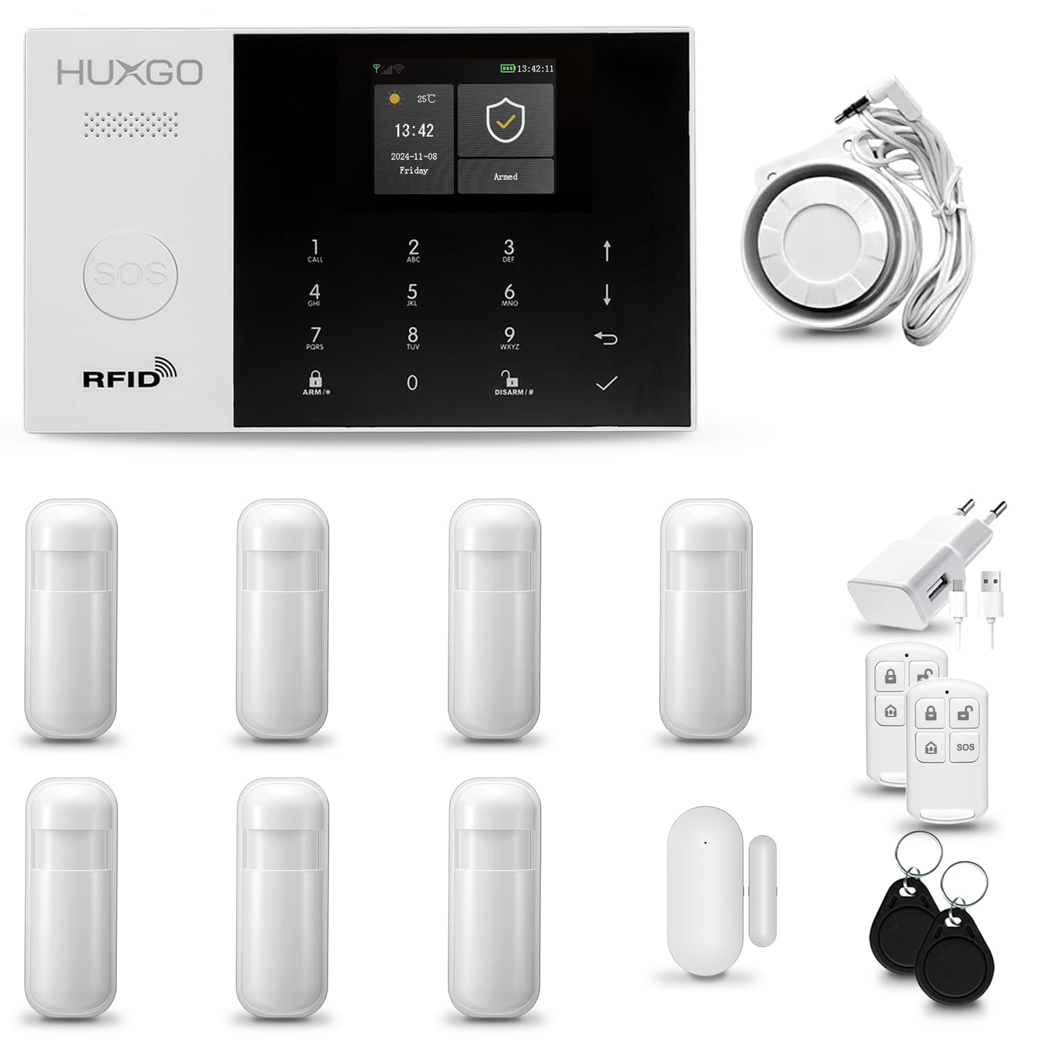 HXA005 Sistema di allarme casa senza fili con sirena WiFi + GSM 4G | Antifurto casa kit con 1x sensori di allarme per finestre/portes, 7x rilevatori di movimento | Allarme Casa
