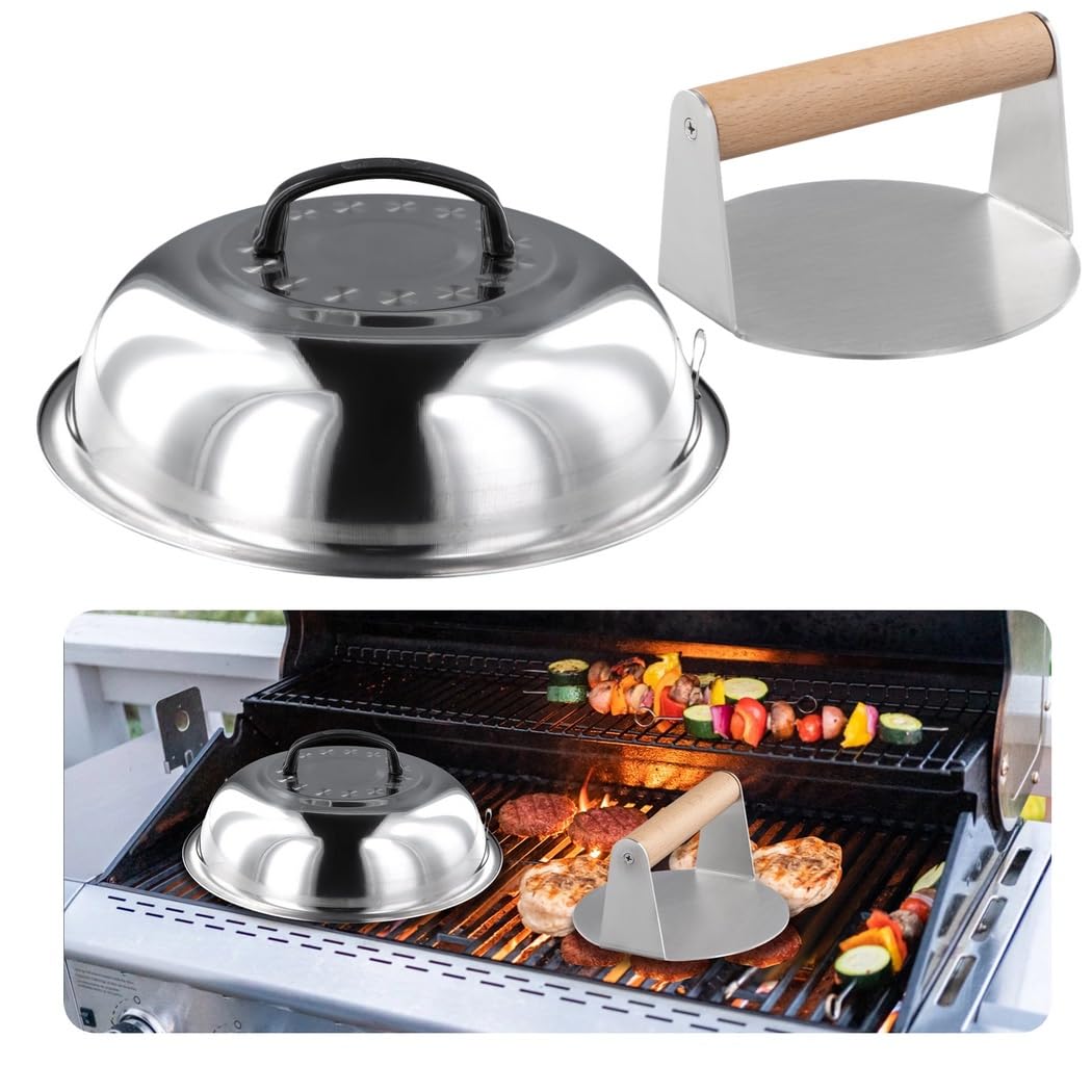 Burgerpresse und 29 cm Schmelzkuppel, Edelstahl-Burgerpresse zum Grillen und Kochen, 13 cm