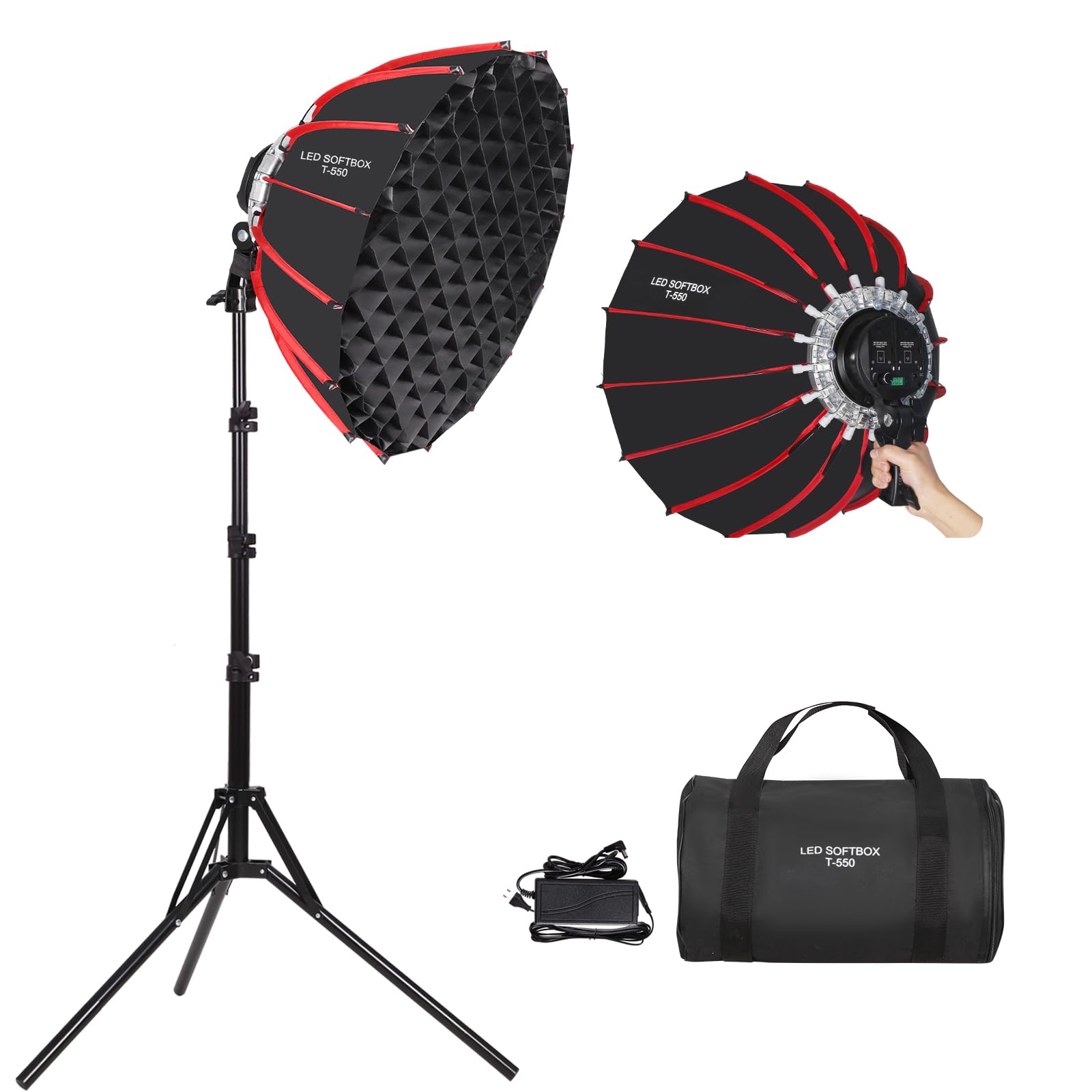 Kit Luce Led 60w Softbox Parabolico Portatile da 55cm/21" con Griglia Nido d'Ape Apertura/Chiusura Rapida 3000-6500k Ritratto, Prodotto, Live Streaming, Video in Studio o Esterni