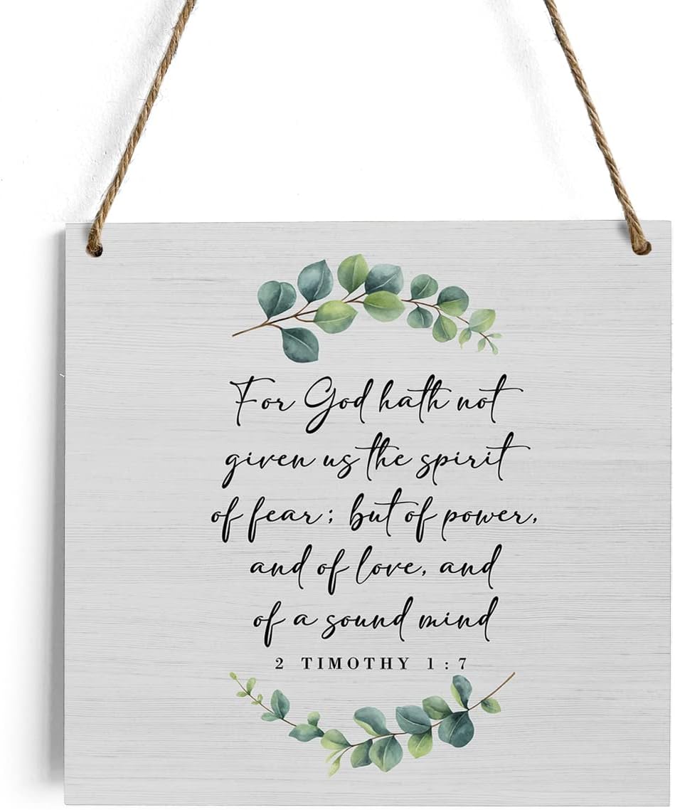 Rustic Christian Gifts for Women Religious Wood Sign Home Farmhouse Wall Hanging Decor Inspirational Eucalyptus Wooden Wall Art Décor Decorative Plaque for Kitchen Bathroom Bedroom 2 Timothy 1:7 : Home & Kitchen