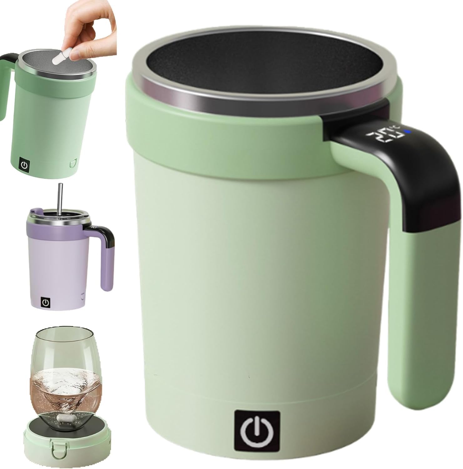 Automatic magnetic stirring coffee mug, self-stirring mug with detachable base, automatic stirring mug with lid handle, smart travel mug magnetic stirring mug (green)