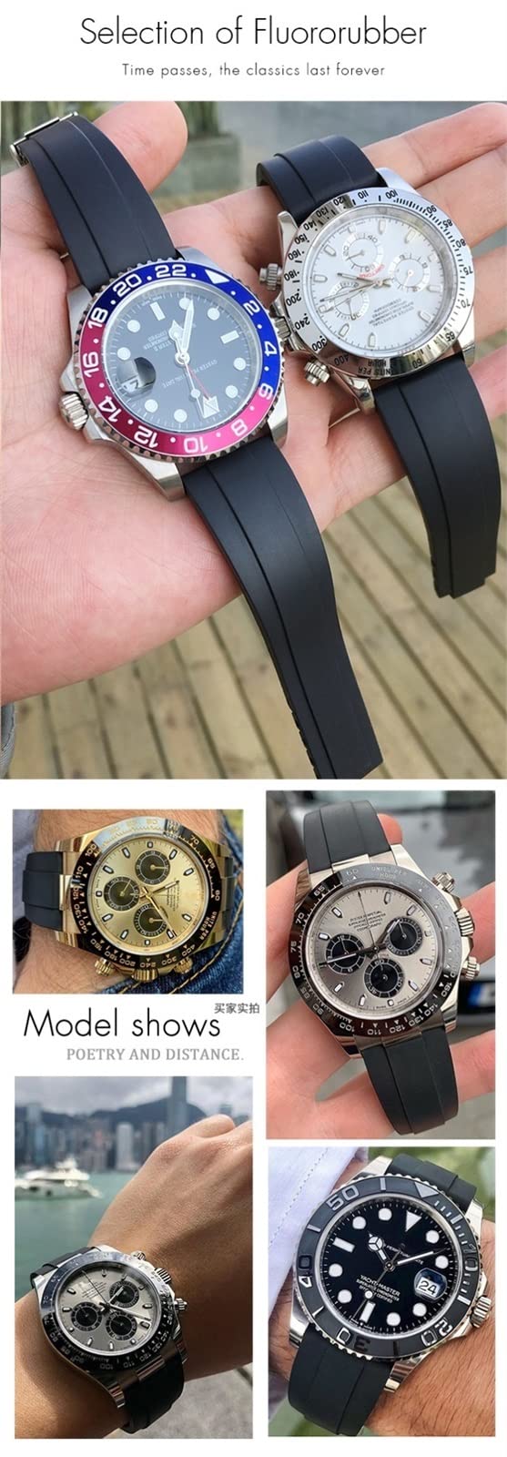 20 mm FKM Fluor Gumowy Pasek do zegarka Rolex Daytona Submariner GMT Yacht-Master OYSTERFLEX Czarny Zielony Czerwony Miękki Pasek Bransoletka