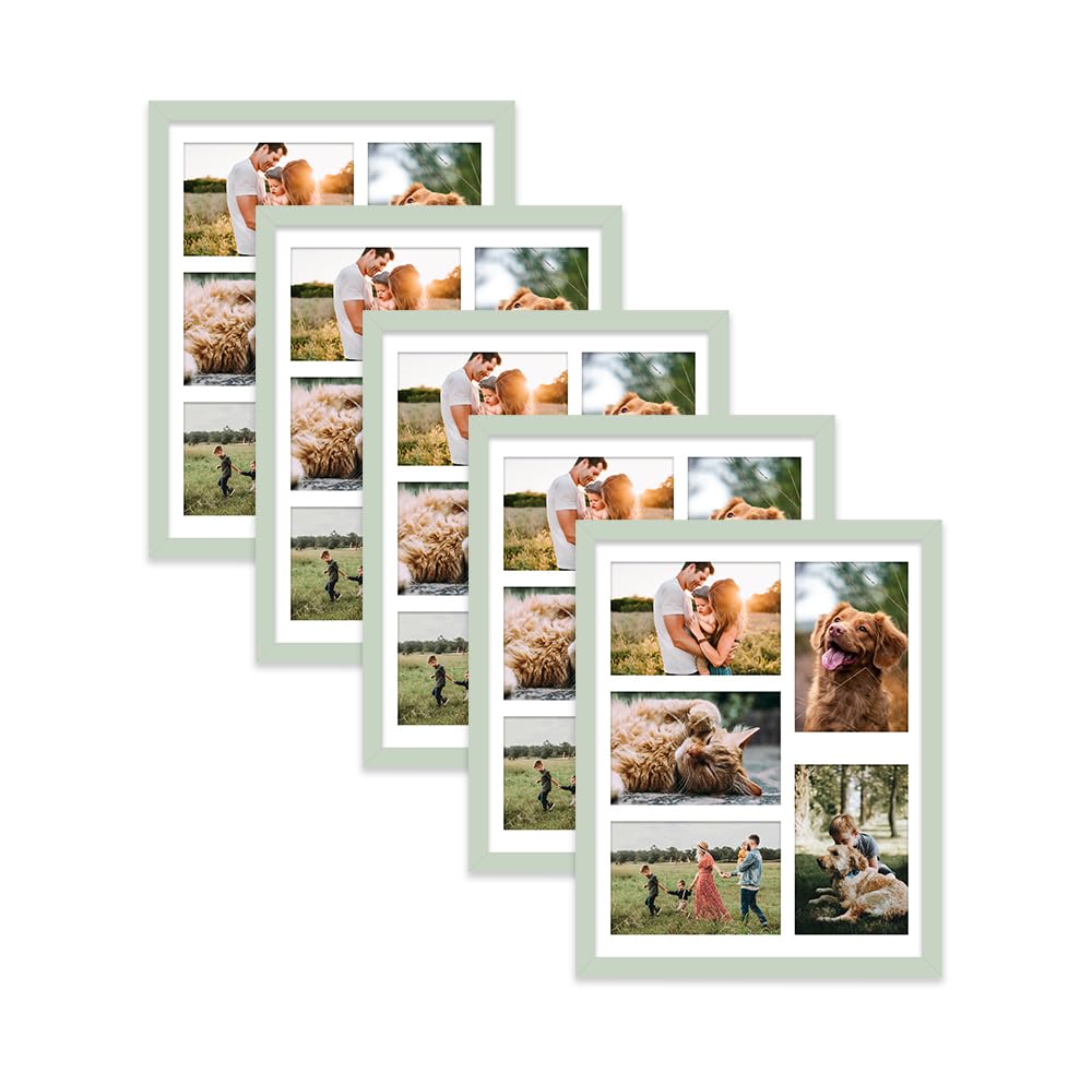 Mint Green Multi Photo Frame - Holds 5 x 6x4 Pictures, Family Collage Picture Frame for Wall Display, 14x11 Frame size, Set of 5