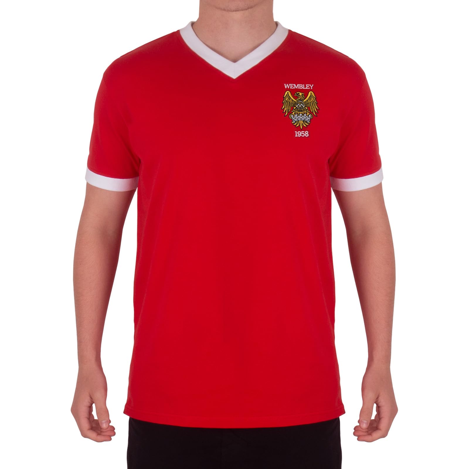 fan originals United Wembley 1958 Crest Mens T-Shirt V Neck Red Medium