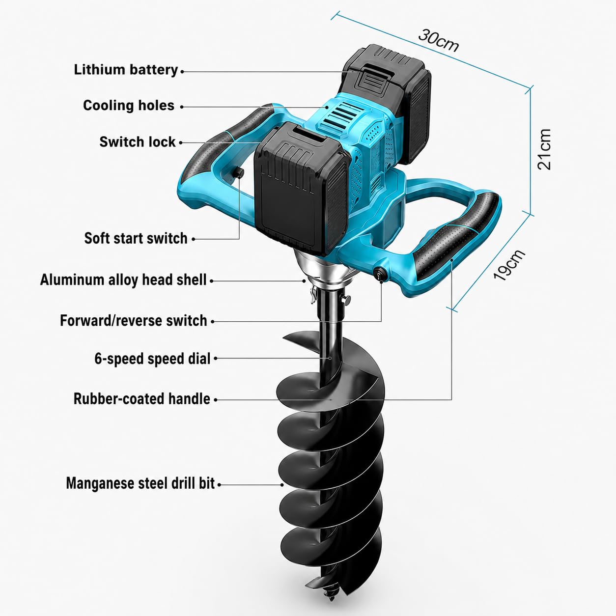Scavatore senza fili da 1200 W con 2 batterie, trivella elettrica per recinzione, 6 marce, avanti e indietro, per piantare il giardino