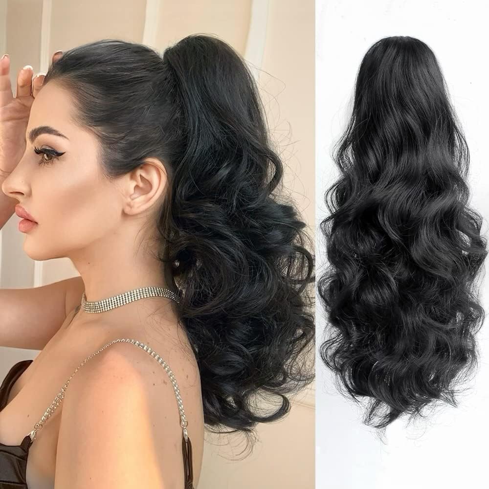 HAIR WALA™ Ponytail extension,16 to 18 Inch Long, Wavy Curly claw clip hair extensions ponytail hair Extension Natural Looking Ponytail for Women Black Color, Matte Finish (Black)