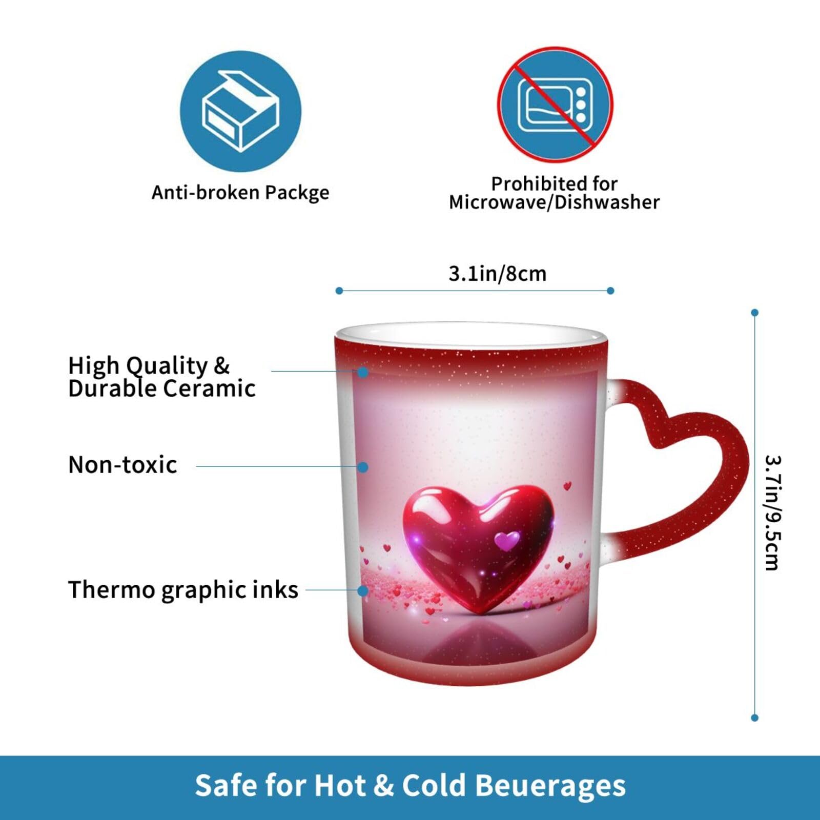 Pumio Taza De Cerámica Mágica Cambia De Color Con Forma De Corazón, 325 Ml, Sensible Al Calor, Mango En Corazón, Regalo Romántico Para San Valentín