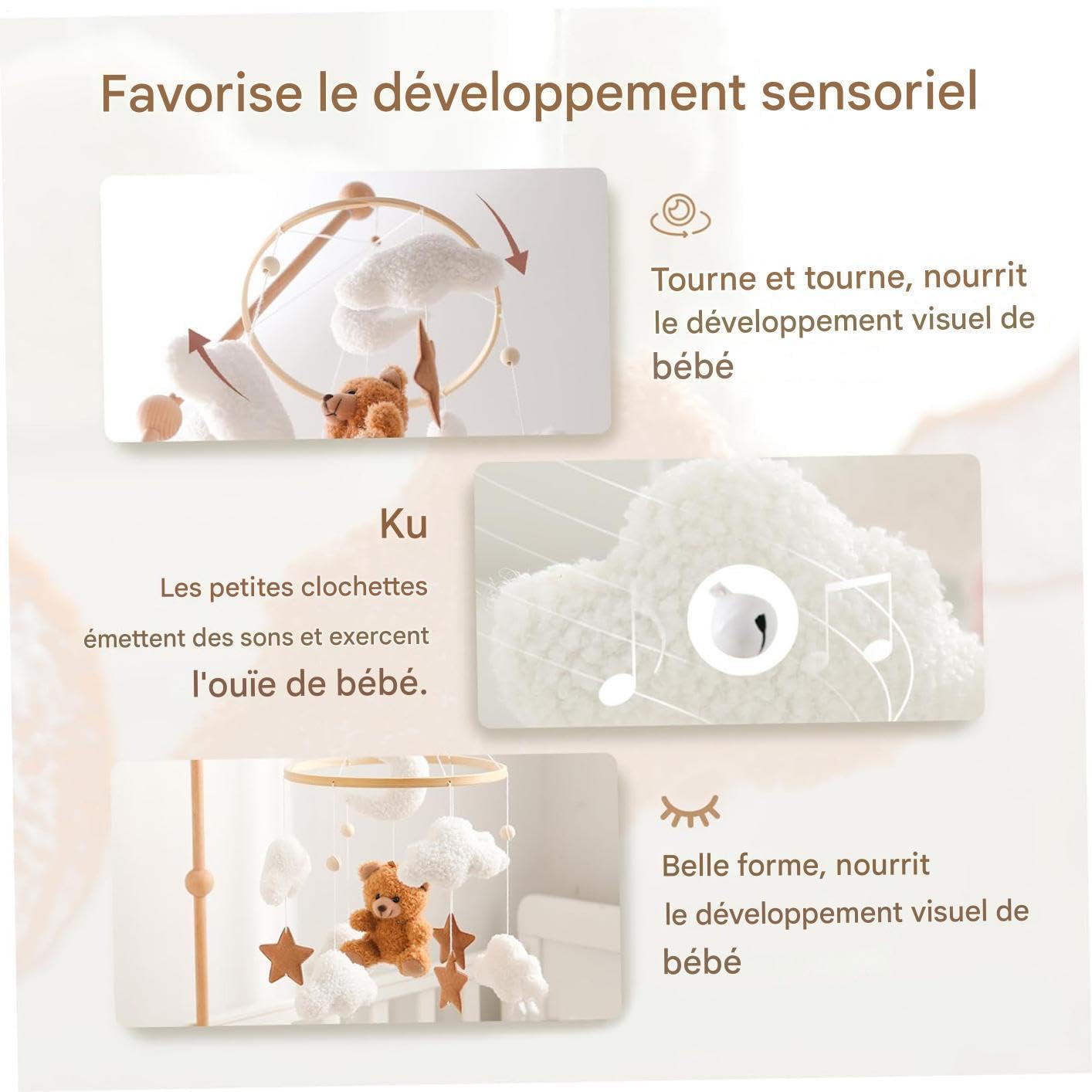 Mobile Pour Lit Bébé - Décor Mobile Étoile Ours,Doudou Sensoriel Romantique Tourne 360° pour Fille Garçon Enfant Berceau Chambre | Fille Garçon Chambre