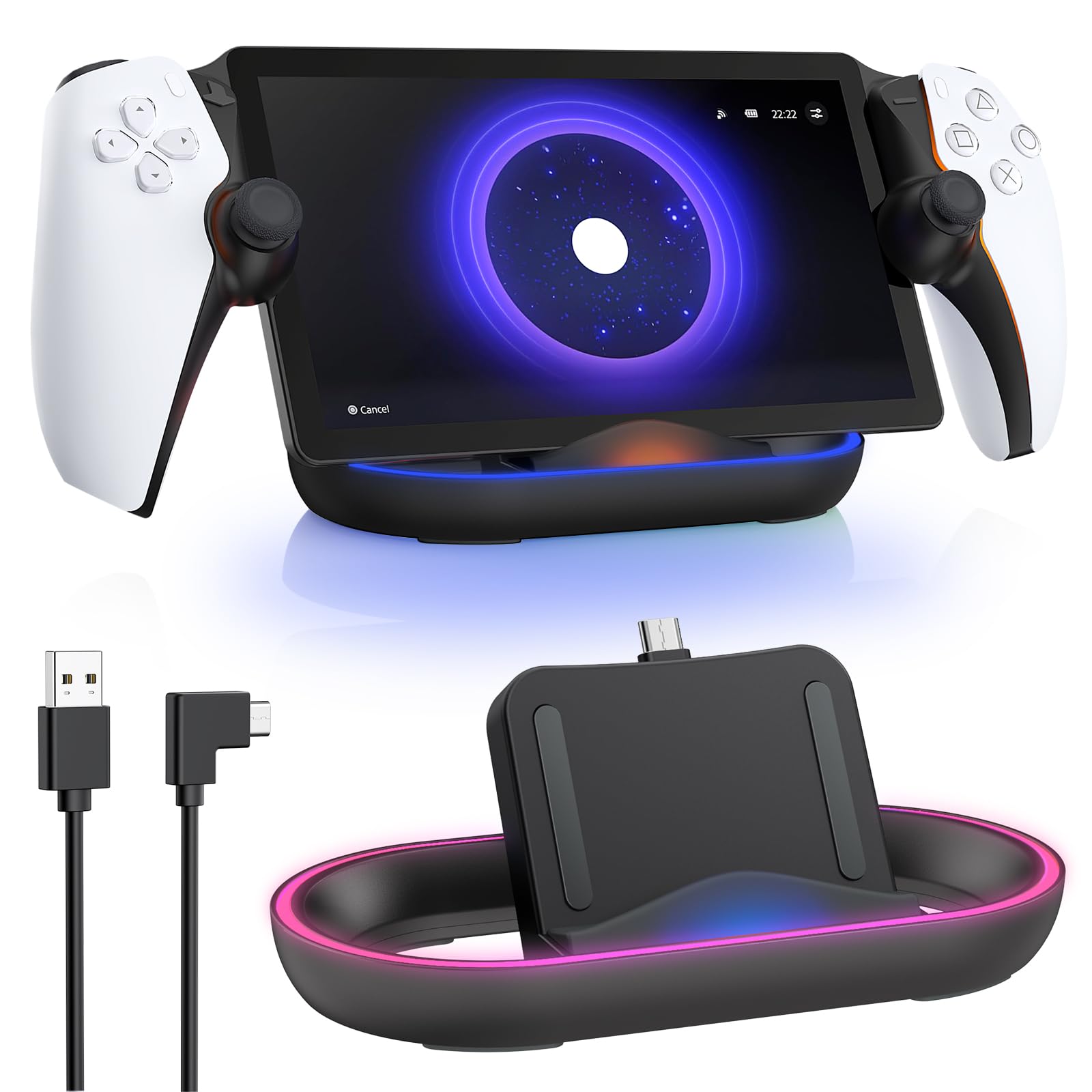 FYOUNGCharging Dock Station for PlayStation Portal, Charger Stand for Ps Portal with Colorful Light and USB C Charging Cable, Handheld Stand Holder for PlayStation Portal (Black)