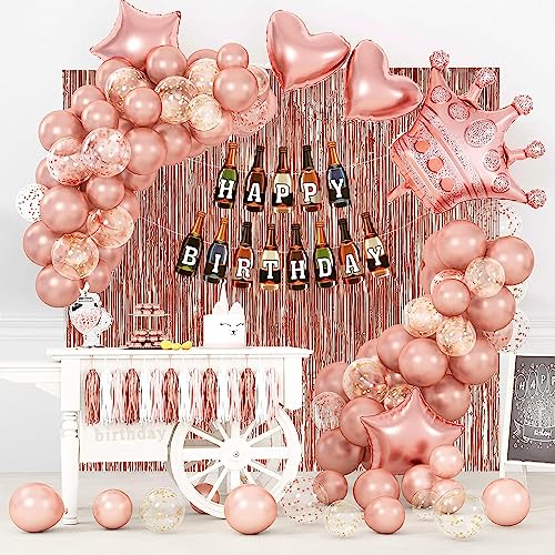Image of Rozi Decoration Rose Gold Birthday Decoration Set | 55 Pcs Combo with Wine Bottle Theme Happy Birthday Banner, Crown Foil Balloon, Metallic & Confetti Balloons, Foil Curtain for Adults Party Decor