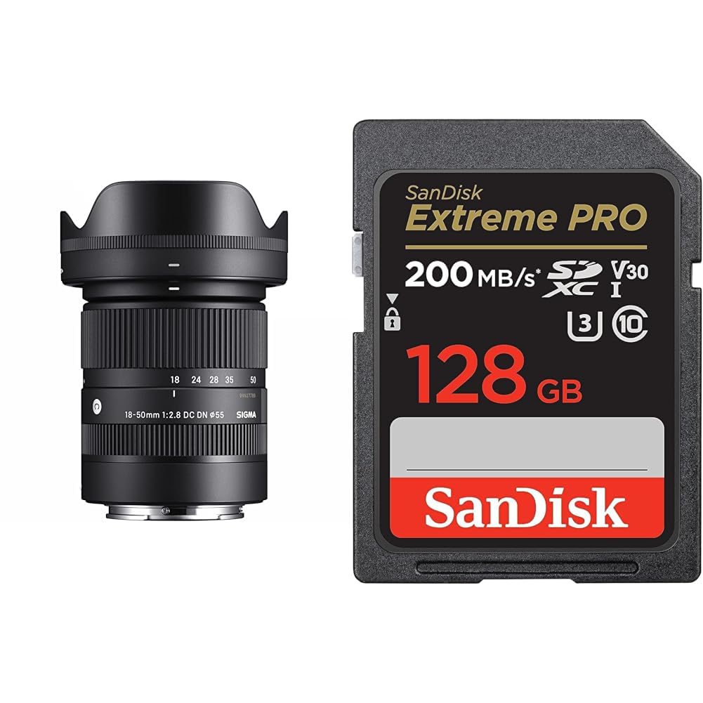 Objetivo Sigma 18-50mm F2.8 DC DN Contemporary Montura Sony E, Nergo & SanDisk Tarjeta SDXC Extreme Pro de 128 GB + RescuePRO Deluxe, hasta 200 MB/s, UHS-I, Clase 10, U3, V30