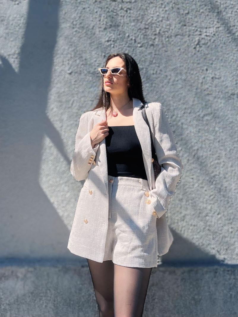 Cicy Bell Womens 2 Piece Tweed Blazer Shorts Sets Long Sleeve Double Breasted Suit Jackets Business Outfit - Image 6