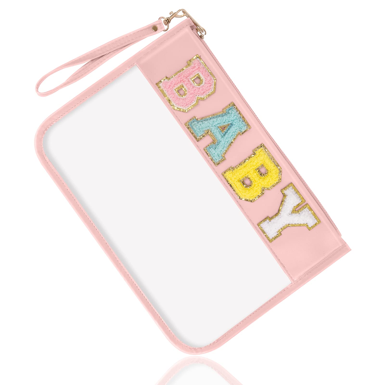 izuzta Chenille Letter Clear Bag Baby Purse Pouch, Monogram PVC & PU Clear Zipper Pouch with Wristlet, Waterproof Portable Glitter Snacks Makeup Beach