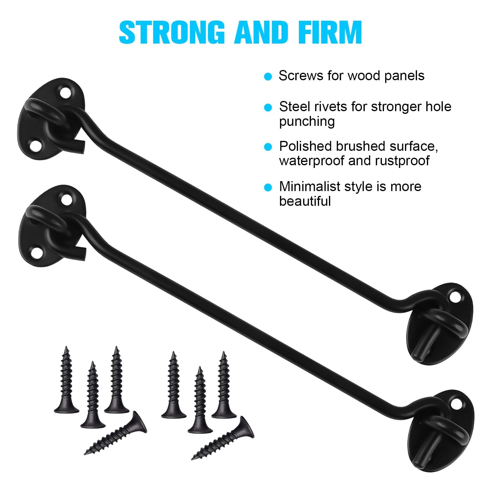 2PCS 8 inch Hook and Eye Latch Metal Door Look Gate Latches, Stainless Steel Shed Lock, Heavy Duty Solid Thicken Gate Hook with Mounting Screws for Sliding Door Outdoor Window Wooden(Black) - Image 3