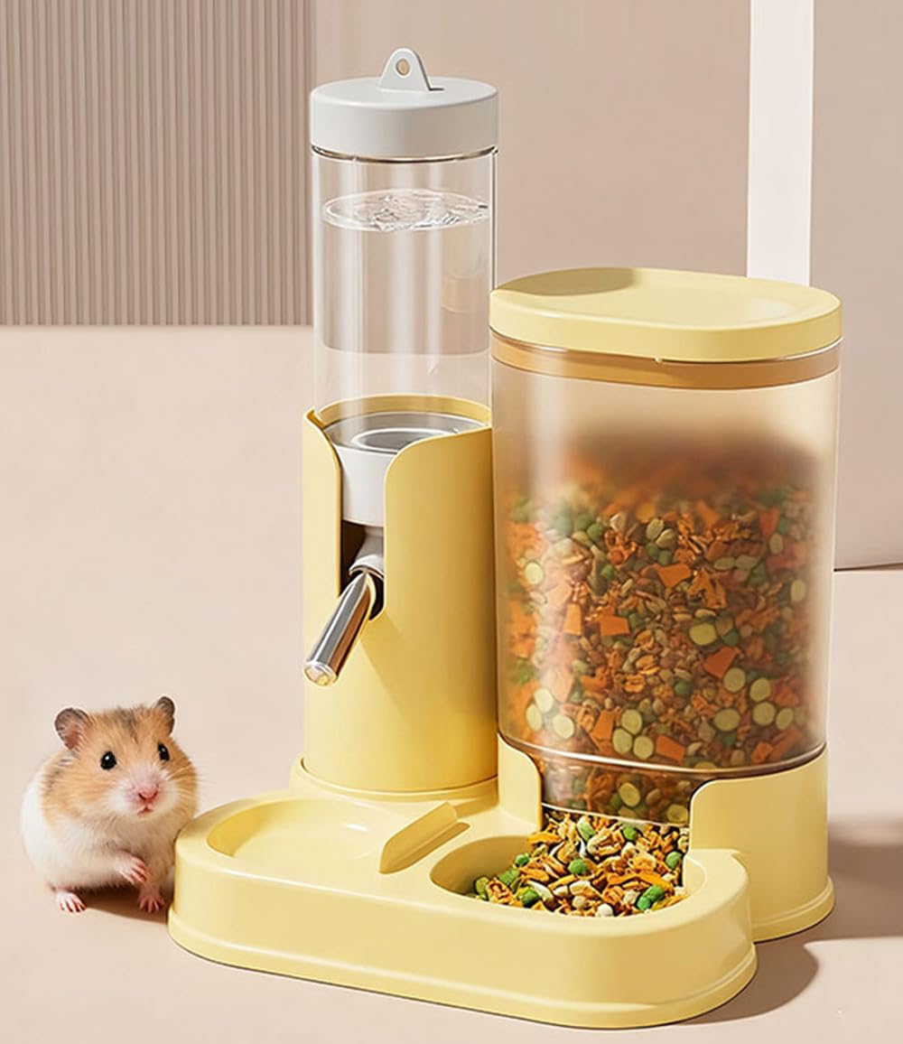 Gourde étanche pour hamster et distributeur automatique de nourriture, distributeur de nourriture transparent avec buse en acier inoxydable, facile à nettoyer (jaune)