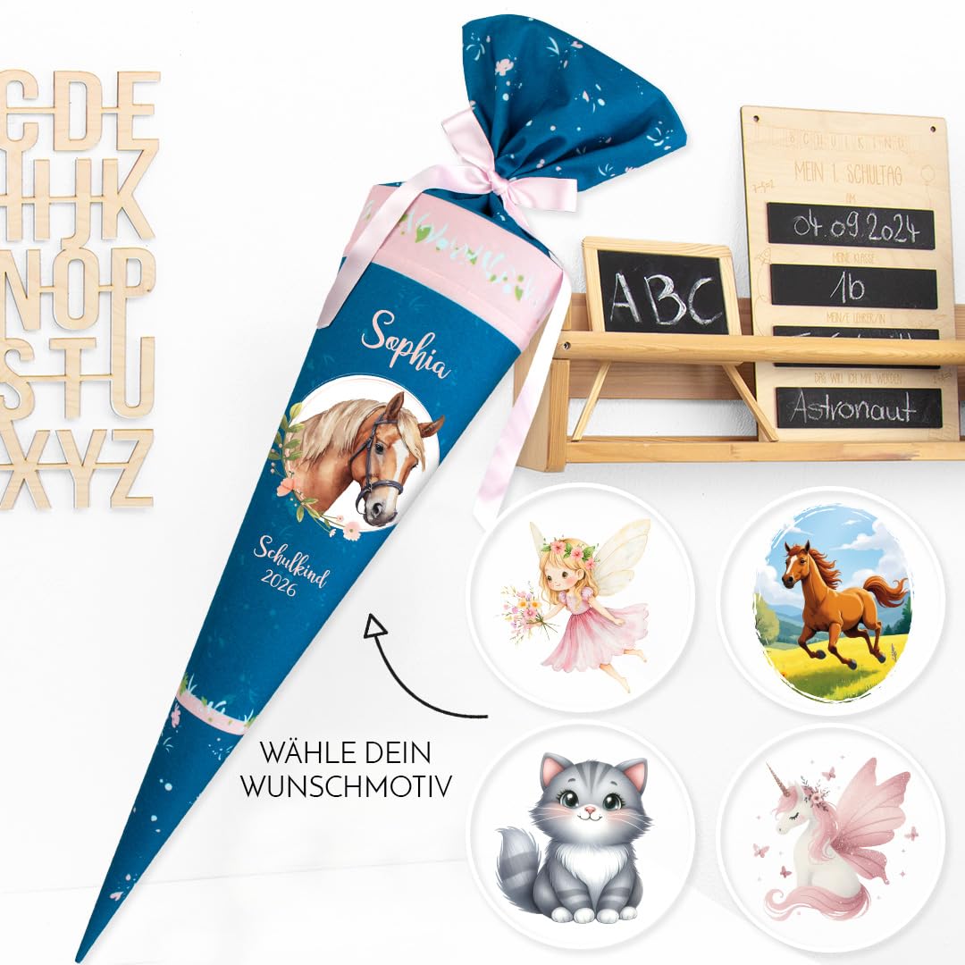 Schultüte aus Stoff Kuschel Velvet 85 cm personalisierbar mit Wunschname Mädchen Pferd