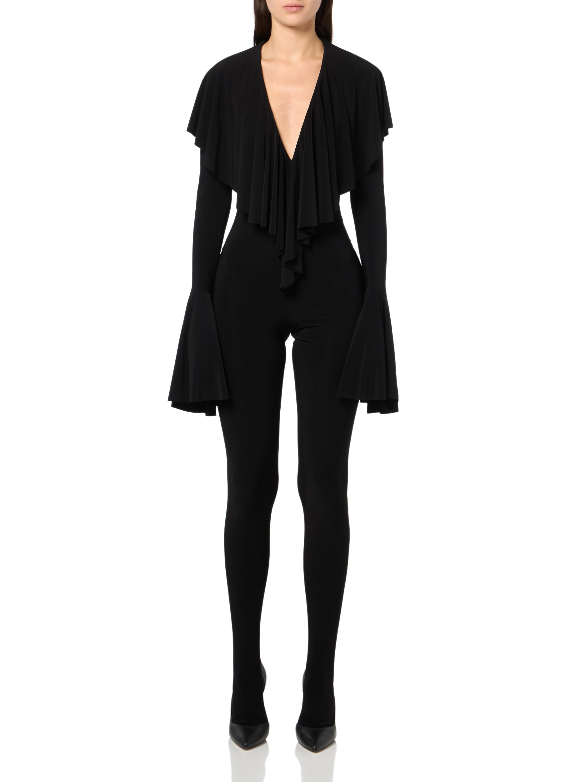 norma kamali Women's Long Sleeve Deep V Ruffle Catsuit W/Footie, Black, Small-picture-28