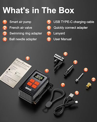 Miniatura 6 de Mini bomba de bicicleta, bomba de bicicleta de inflado rápido de 150 PSI con manómetro, parada automática, bomba de aire eléctrica portátil con