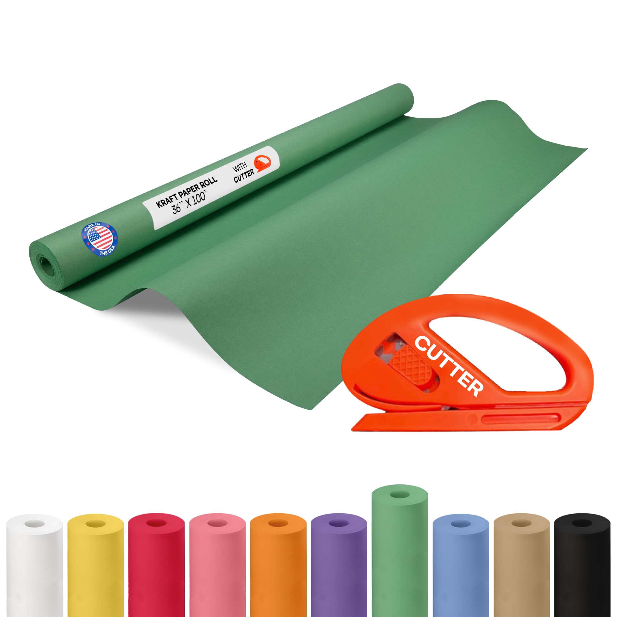 Green Kraft Paper Roll 36" x 1200" (100 ft) with Cutter - USA-Made