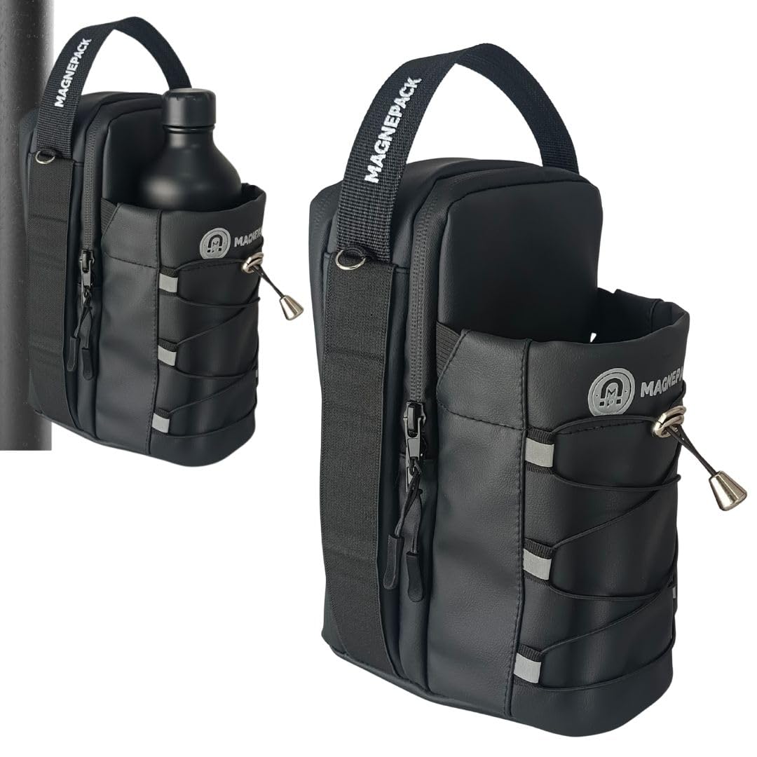 Magnepack Magnetic Gym Bag with Bottle Holder – Heavy-Duty Water Bottle Sling with Hook Strap, Multiple Pockets, Fits Most Racks – Compact, Durable, and Portable Gym Companion (Black)