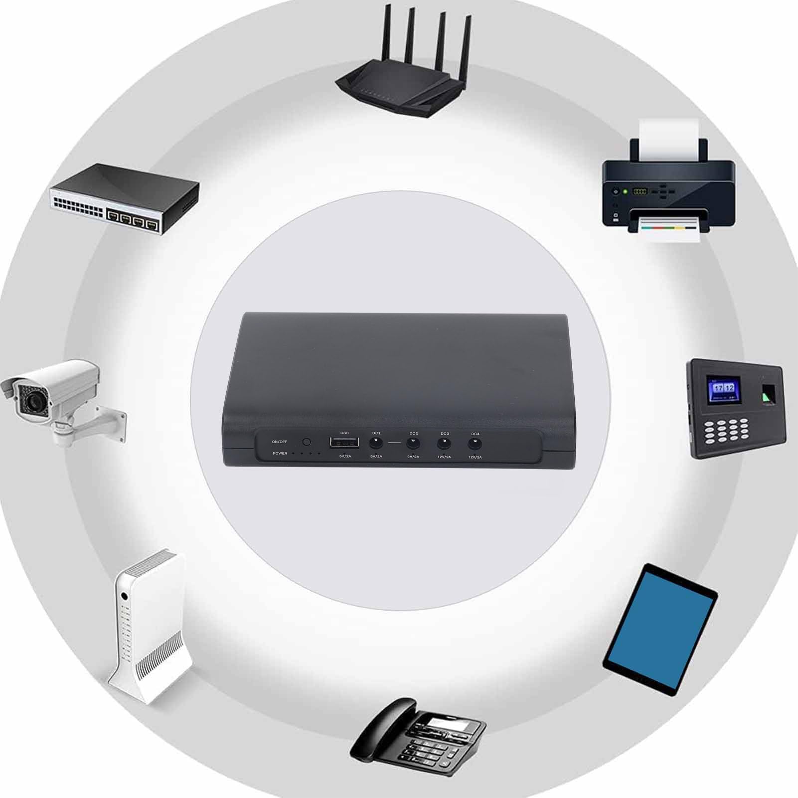 Zasilacz Bezprzerwowy, Akumulator Zapasowy Mini UPS 27000 MAh z 4 Gniazdami i Portem ładowarki USB, Zapasowy Zasilacz Akumulatorowy do Routera, Modemu, Kamery, Lampy i Smartfona