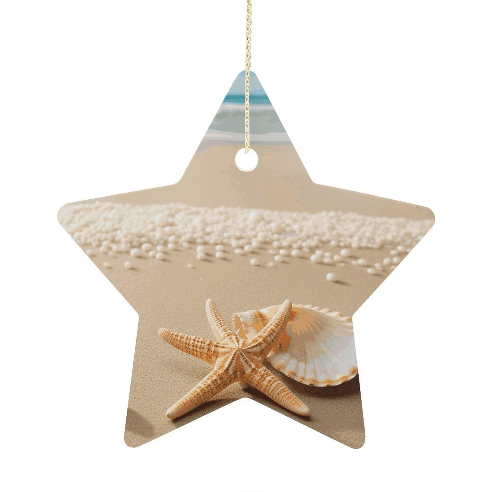 Starfish Shell and Beach Stars Ornaments Ceramic Christmas Tree Hanging Light in Weight Christmas Star Pendants Funny Double-Sided Printed Xmas Ornaments for Gifts