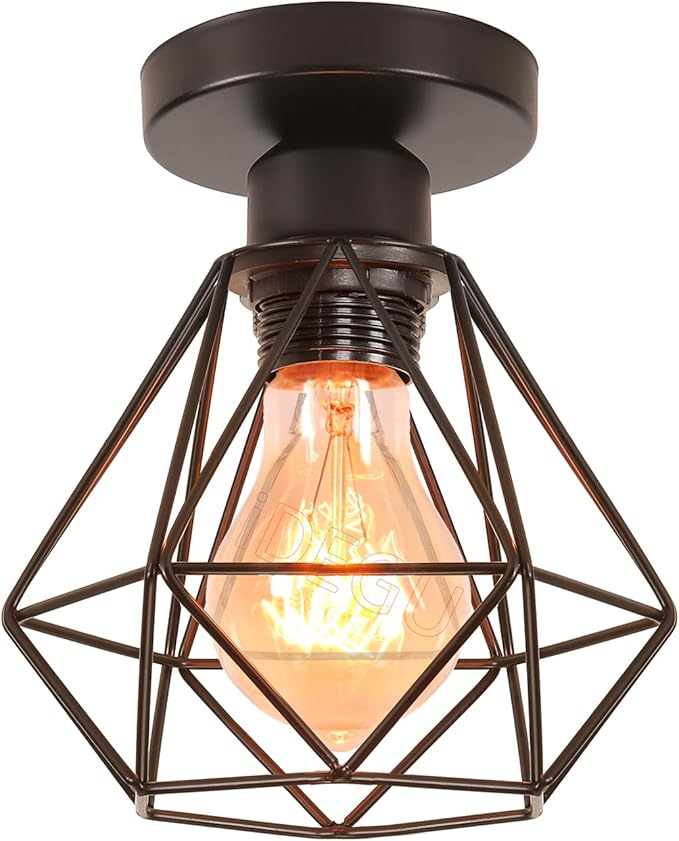 iDEGU iDEGU Vintage Plafond Hanglamp Armatuur, Geometrische Kooi Stijl Industriële Plafondlamp Metalen Lampenkap E27 Kroonluchter voor Slaapkamer Woonkamer Eetkamer, 16 cm (zwart)