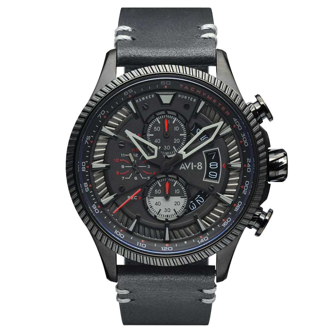 AVI-8 Mens 45mm Hawker Hunter Avon Chronograph Stealth Black Japanese Quartz Pilot Watch with Leather Strap AV-4064-05