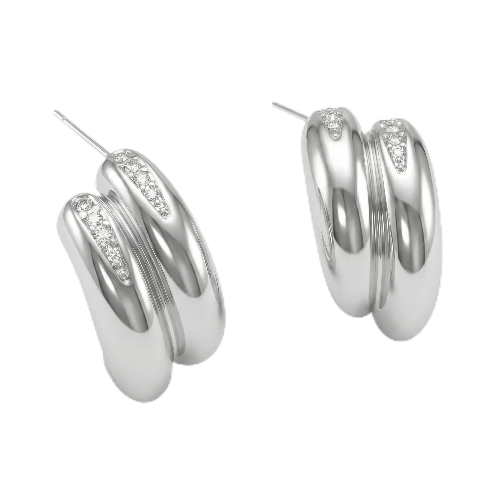 White Gold Plated Double Hoop Earrings for Women, Chunky Layered Huggie with 3A Cubic Zirconia, Hypoallergenic Silver Tone Jewelry for Cool Casual Look