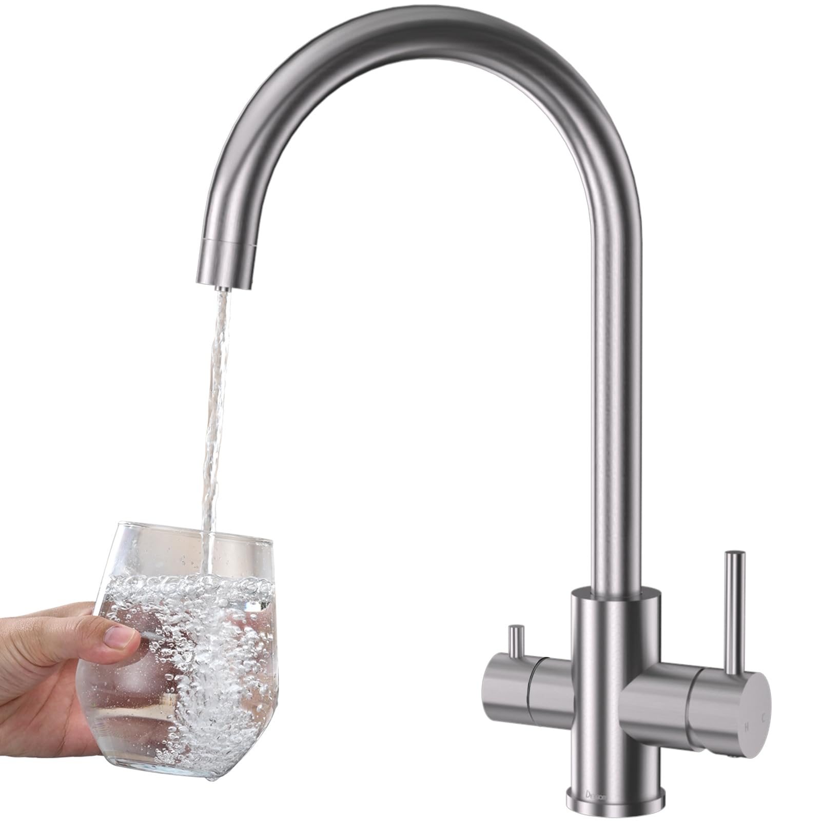 Grifo para Fregadero de Cocina de 3 Vías, DETBOM Mezclador para Sistemas de Ósmosis Inversa, 3 en 1 con Doble Palanca para Agua Potable, Grifo Giratorio a 360°, Acero Inoxidable, Plata Cepillada