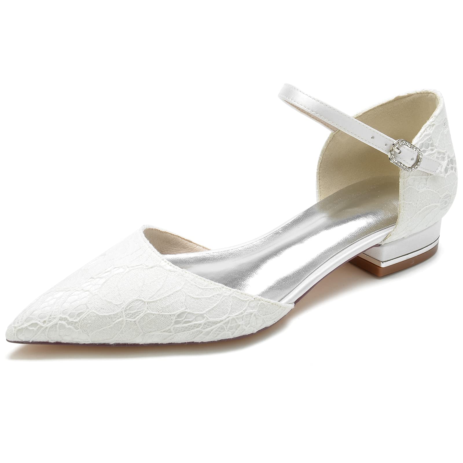 Scarpe da Sposa in Pizzo Bianco per Donna Ballerine a Punta Scarpe Basse con Cinturino alla Caviglia Décolleté per Cerimonia Party