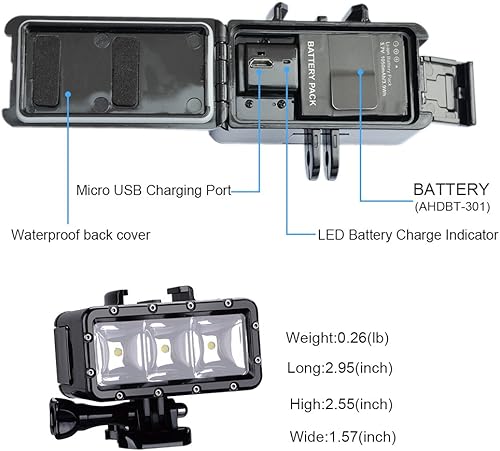 Miniatura 4 de Suptig Luz de video LED regulable impermeable de alta potencia para llenar luz nocturna submarina para GoPro Hero 11Hero 10Hero