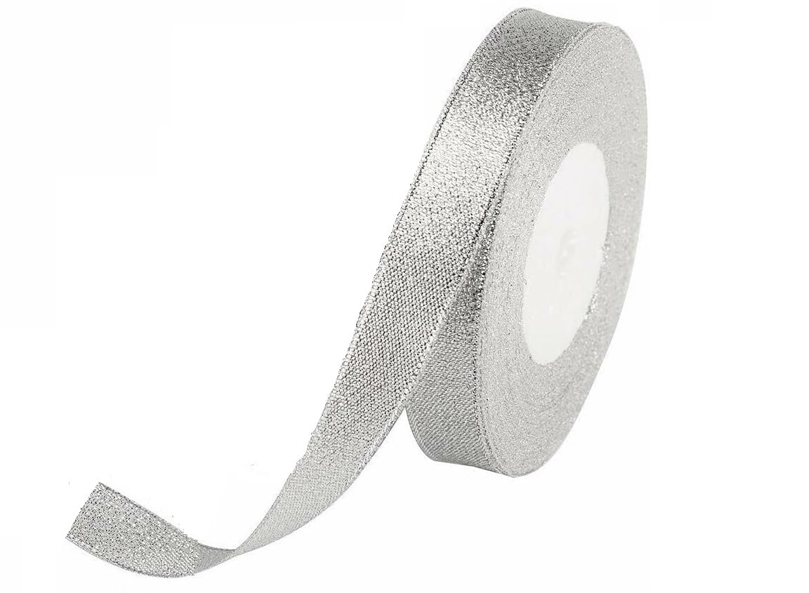 EliteKoopers Silver 12MM Metallic Glitter Sparkle Ribbon for Wedding Gift Wrap Craft Christmas - 25 Yards