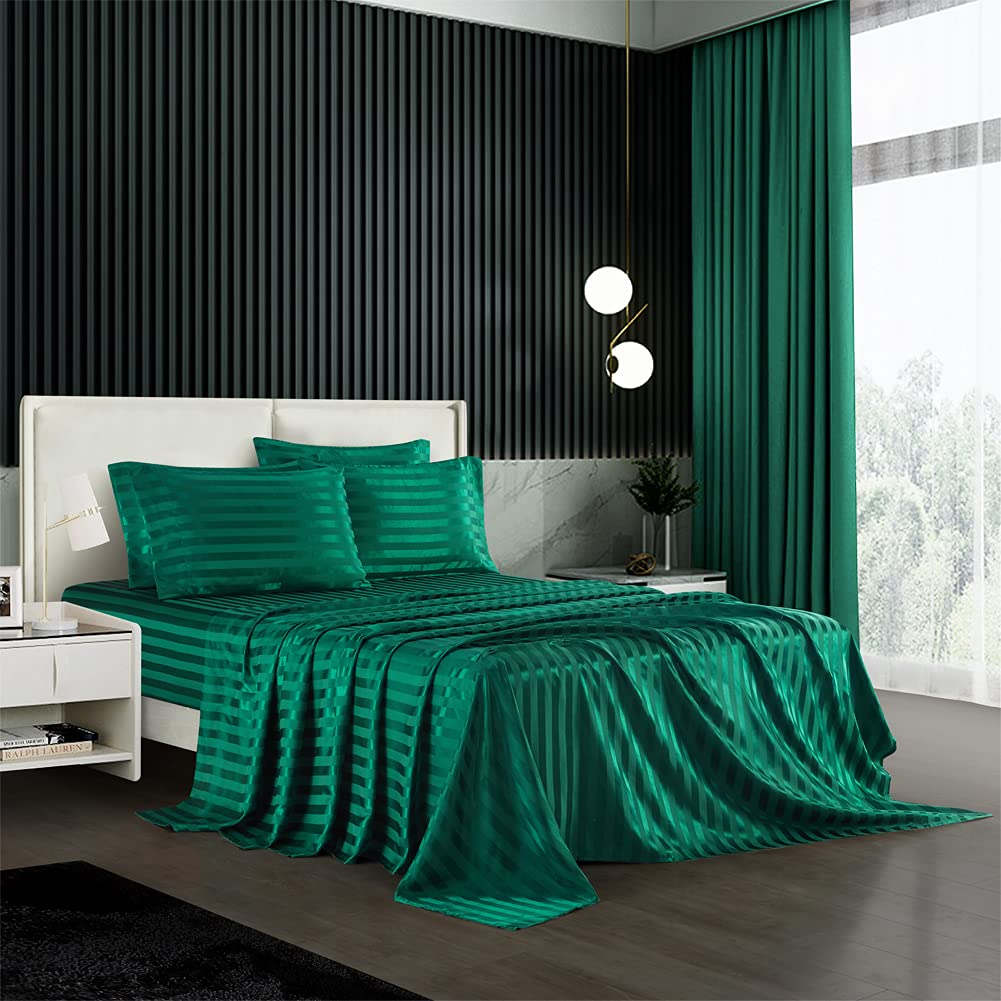 View 1 of ***MISSING TWO PILLOW CASES***
AiMay 6 Piece Satin Italian Style Bed Sheet Set Deep Pocket Stripes Super Soft 1800 Luxury Rich Silk 1 Flat Sheet 1 Fitted Sheet 4 Envelope Pillowcases Stain-Resistant Wrinkle Free (King,Green)