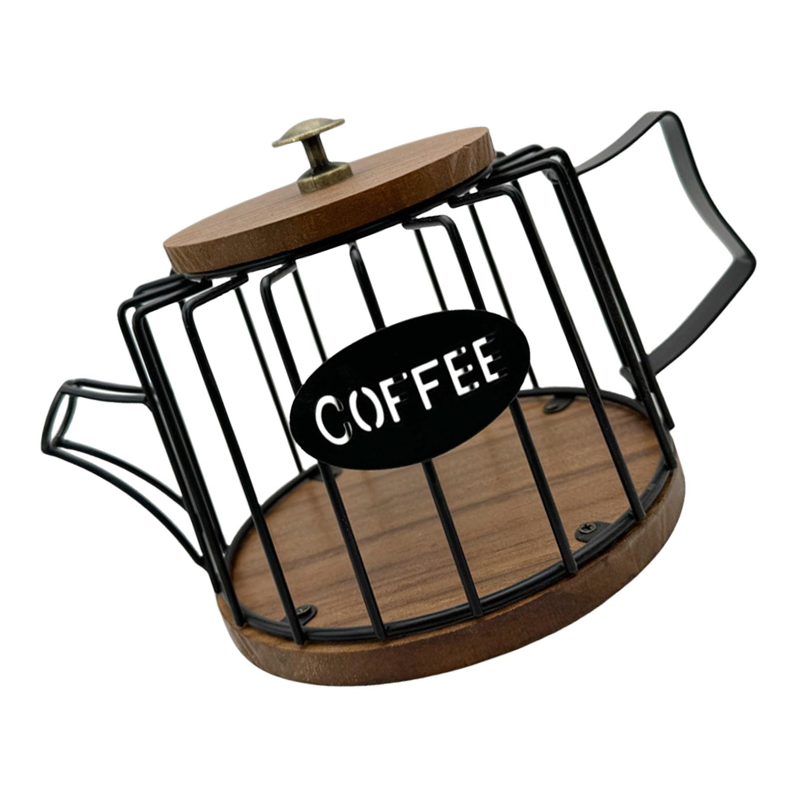 XAGMODSHN Large Capacity Iron Coffee Pods Holder with Wooden Base and Lid Cup Shape Iron Storage Basket for Kitchen Countertop Coffee Pods Storage Organiser