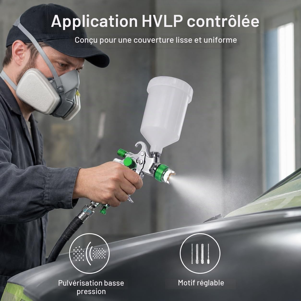 Pistolet à Peinture Pneumatique HVLP 600ml avec 4 Buses (1,4/1,7/2,0/2,5mm) pour Murs, Automobile et Rénovation - Vert