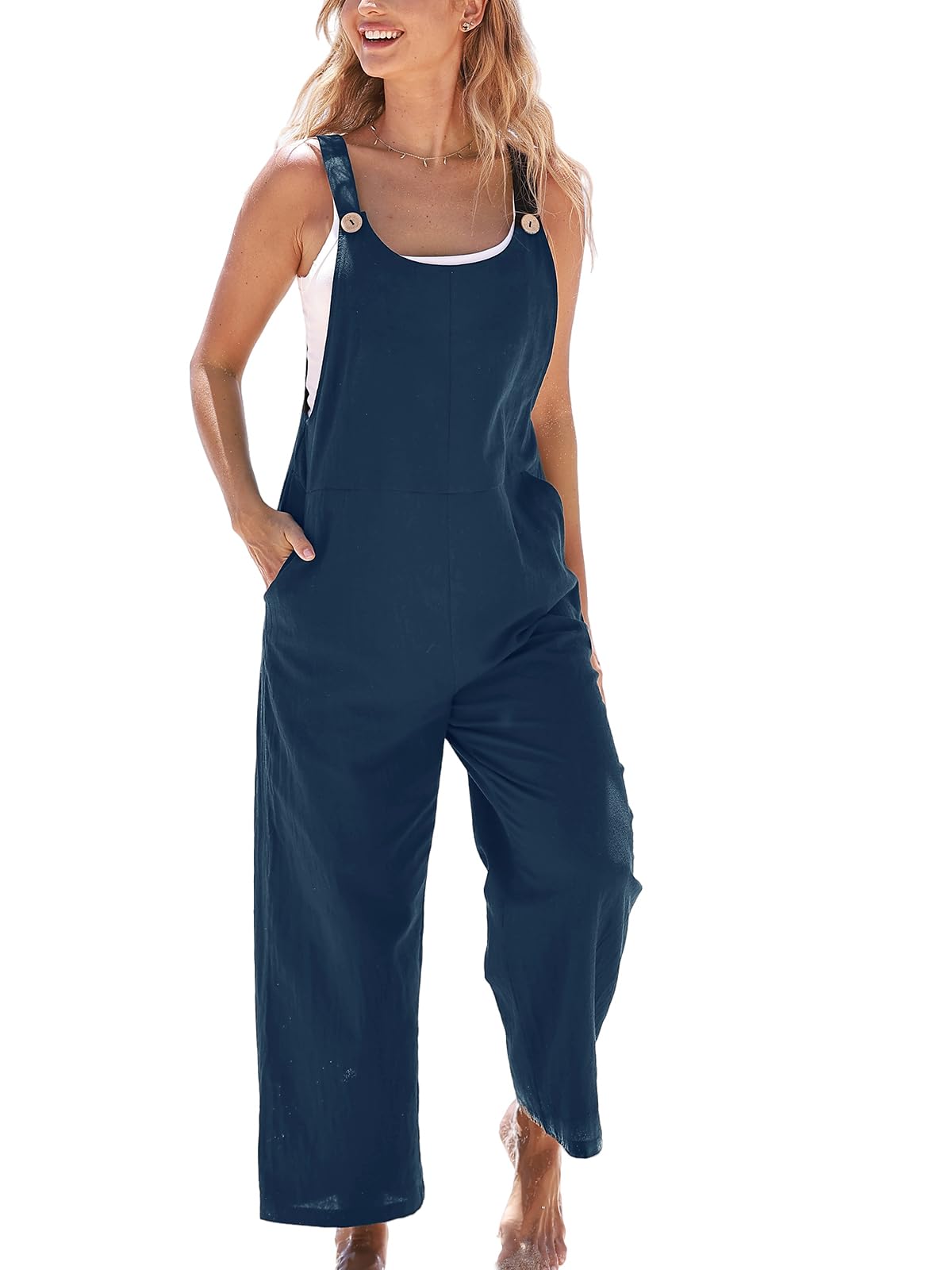 CUPSHE Damen Overalls U-Ausschnitt Ärmellos Weites Bein Sommer Jumpsuit mit Taschen Casual Lose Hosenanzug