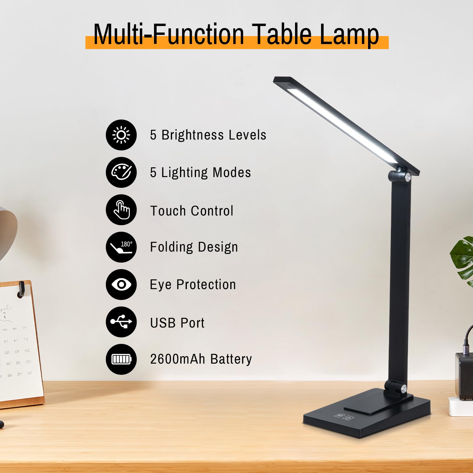 Lámpara Escritorio LED, 800LM 2600mAh Flexo LED Escritorio sin Cable, 5 Modos, 5 Niveles de Brillo Lámpara de Mesa Aluminio & Plegable con Puerto USB para Cama, Estudiar
