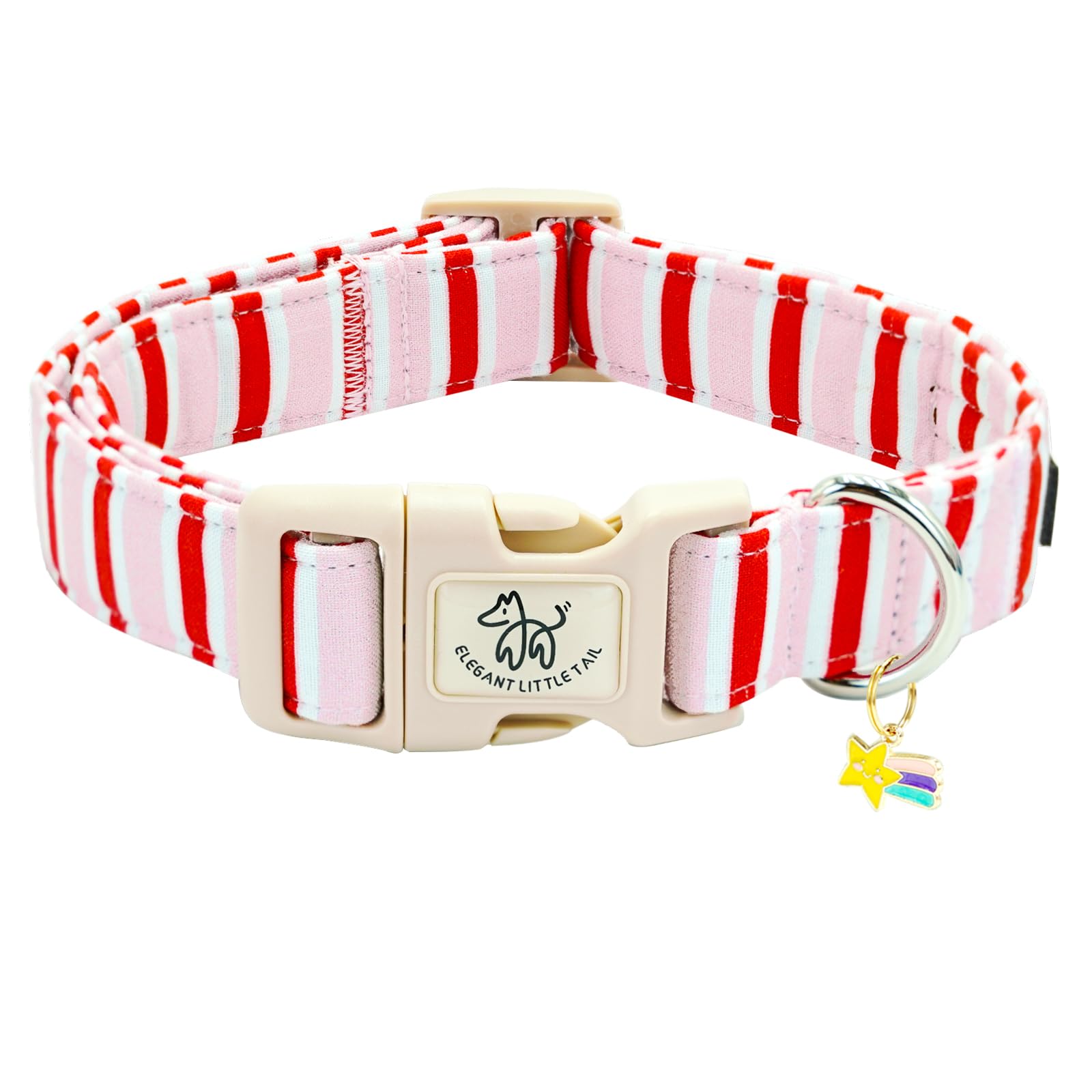 Elegant little tail Dog Collar, Cute Pink with Red Strip Pattern Pet Collars Soft Girl or Boy Adjustable Cotton Puppy Collar with Quick Release Buckle
