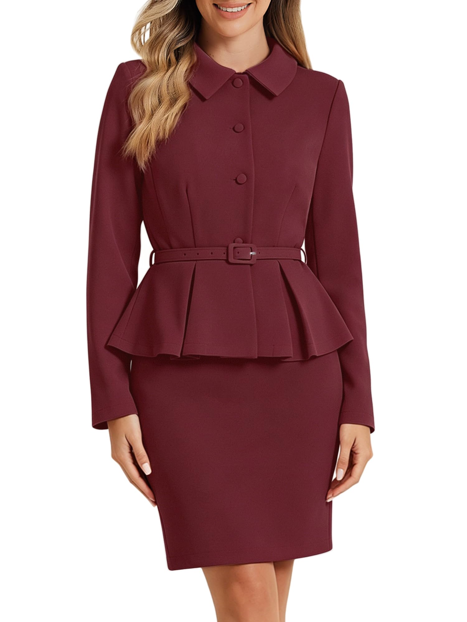 Allegra K Damen 2-Teilige Business Anzüge Schößchen Blazer Jacken und Bleistiftrock Sets