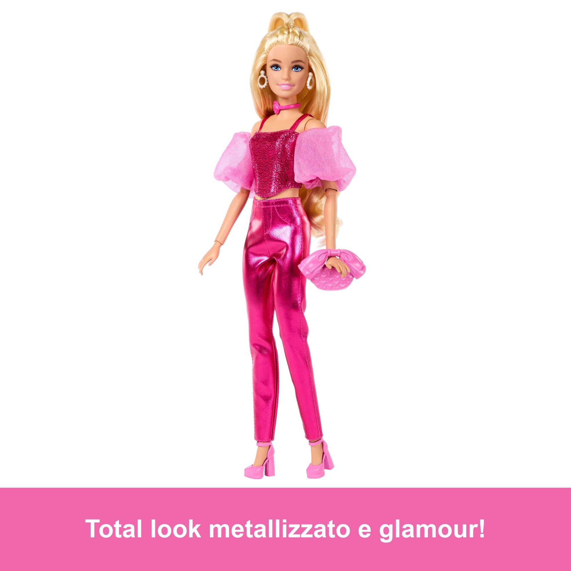 Barbie - Deluxe Style n. 5, bambola con abito rosa metallizzato e capelli biondi, top a corsetto scintillante e pantaloni lucidi, accessori inclusi, giocattolo per bambini, 4+ anni, JFP40