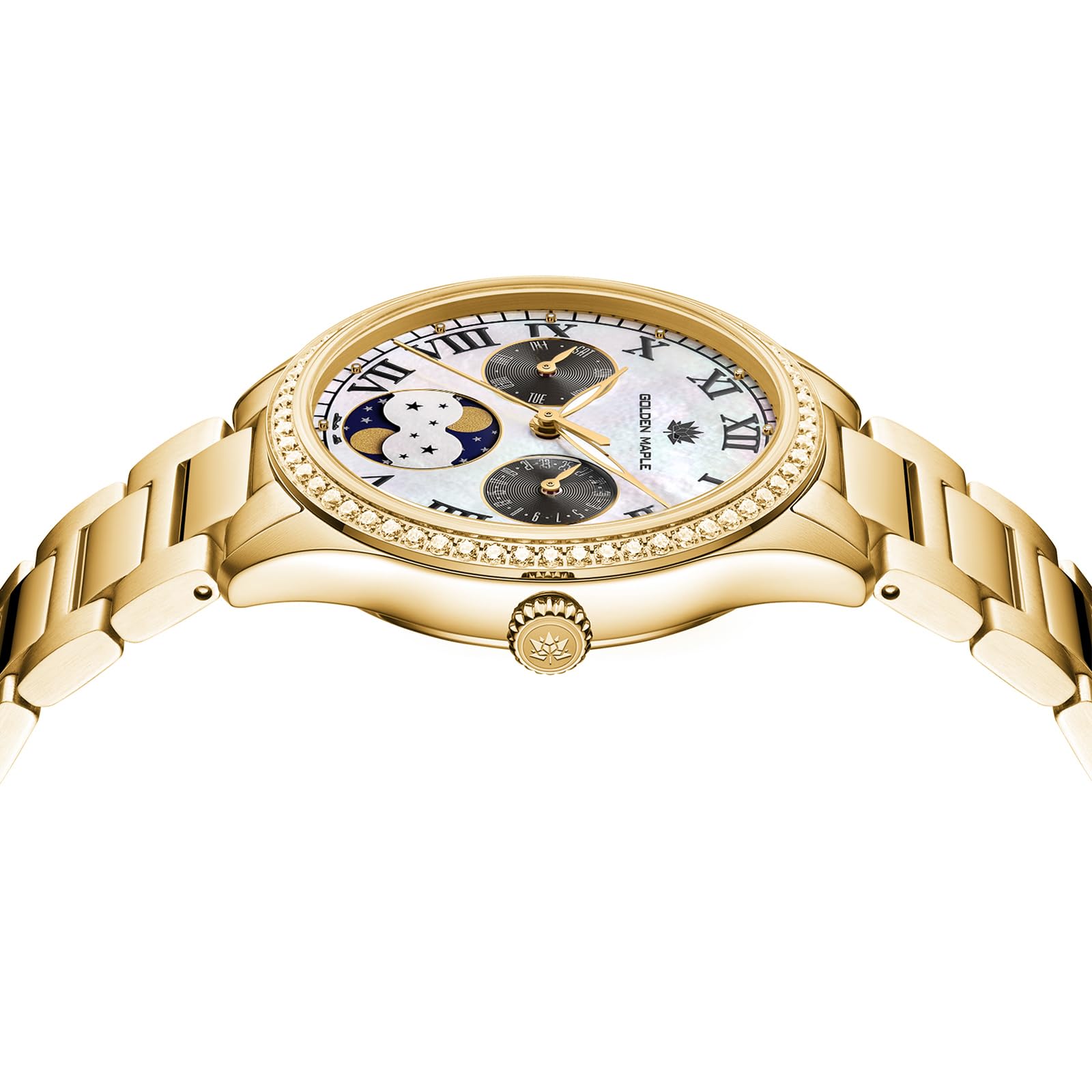 GOLDEN MAPLE Reloj de lujo de dos tonos, bisel de cristal, esfera de fase lunar, números romanos, correa de acero inoxidable plateada y dorada