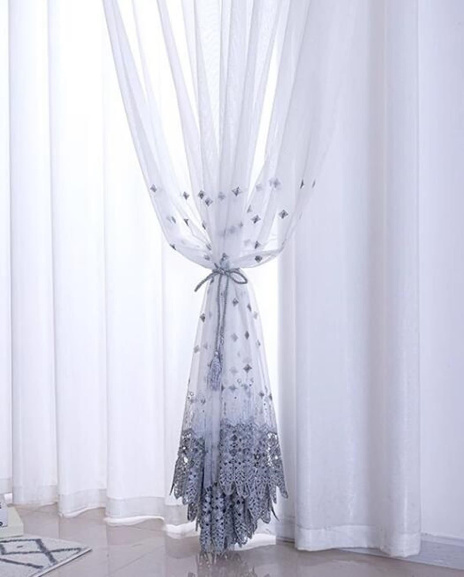 Wycian Voilages Voilage Gris 2 Panneaux Polyester Coton Motif de Broderie 86L x 183H Cm
