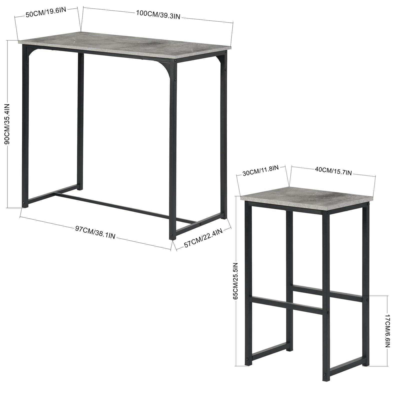 Ensemble Table a Manger avec 4 Chaises, Table Haute Cuisine Mange-Debout avec 4 Tabourets, pour Petit Espace Cuisine Salle à Manger Salon Bar ou Balcon (Gris Vieilli et Noir)