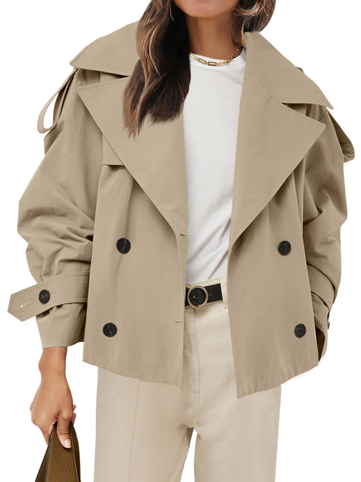 Tankaneo Womens Cropped Trench Coat Casual Double Breasted