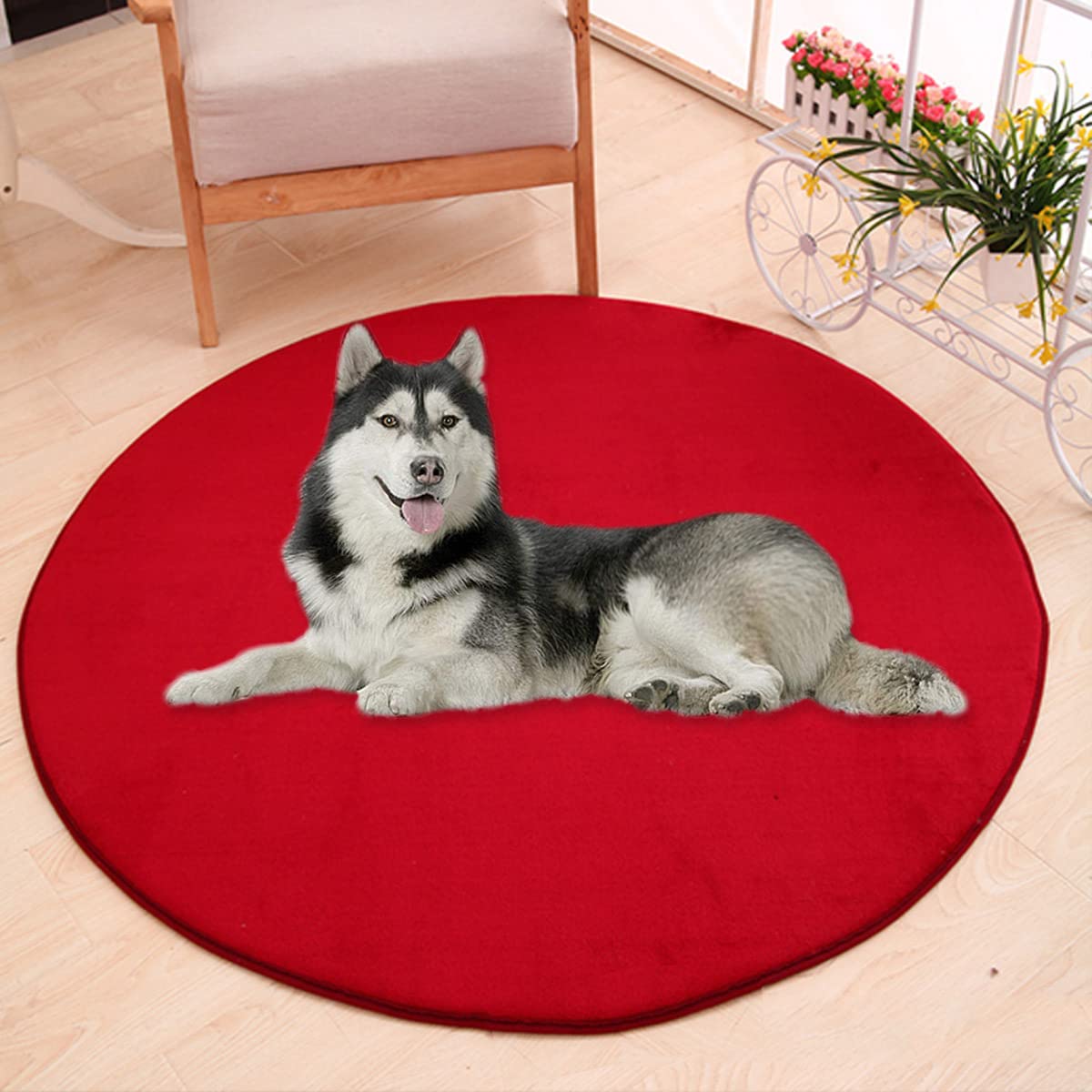 Waigg Kii Large Dog Bed Mat,Coral Velvet Soft Round Carpet Area Rug Pet Mat,Anti-Anxiety Dog Mattress for Small Medium Large Cats Dogs (150CM,Red)
